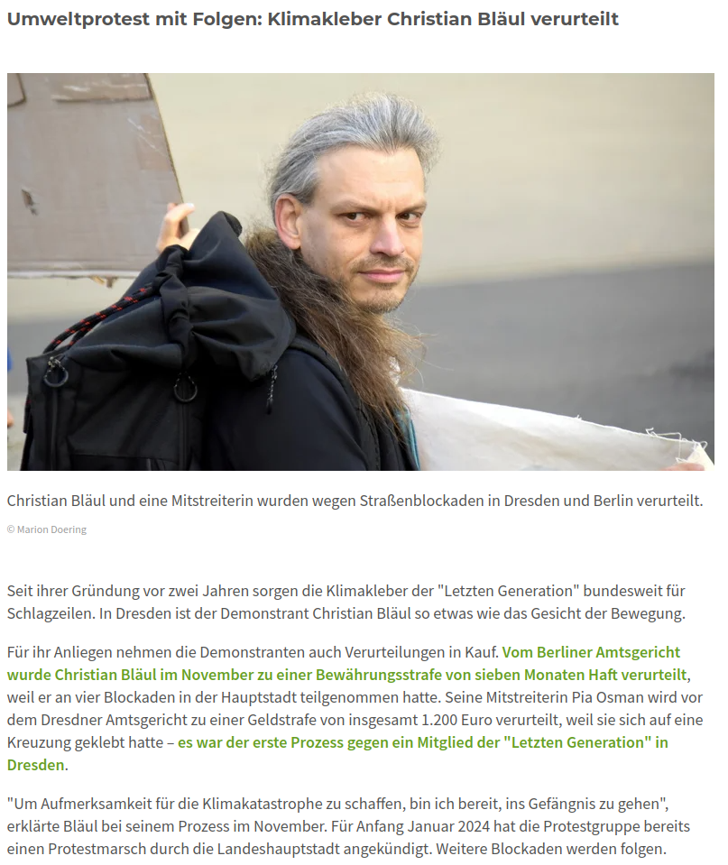 Foto des Zeitungsartikels „Umweltprotest mit Folgen: Klimakleber Christian Bläul verurteilt“