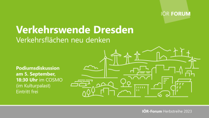 Veranstaltungsflyer. „Verkehrswende Dresden - Verkehrsflächen neu denken“: Podiumsdiskussion am 5. September, 18:30 im COSMO (im Kulturpalast), Eintritt frei