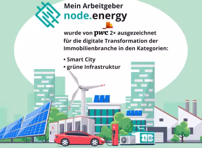 Bild einer Stadt mit Solarpanels und E-Auto.