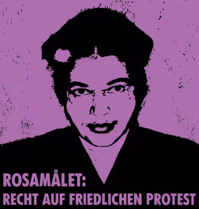Rosamålet - Recht auf friedlichen Protest. Das Bild zeigt ein stilisiertes Porträt von Rosa Parks im Pop-Art-Stil, der ikonischen amerikanischen Bürgerrechtsaktivistin.